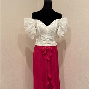 White Off-Shoulder Top with pink silky Skirt